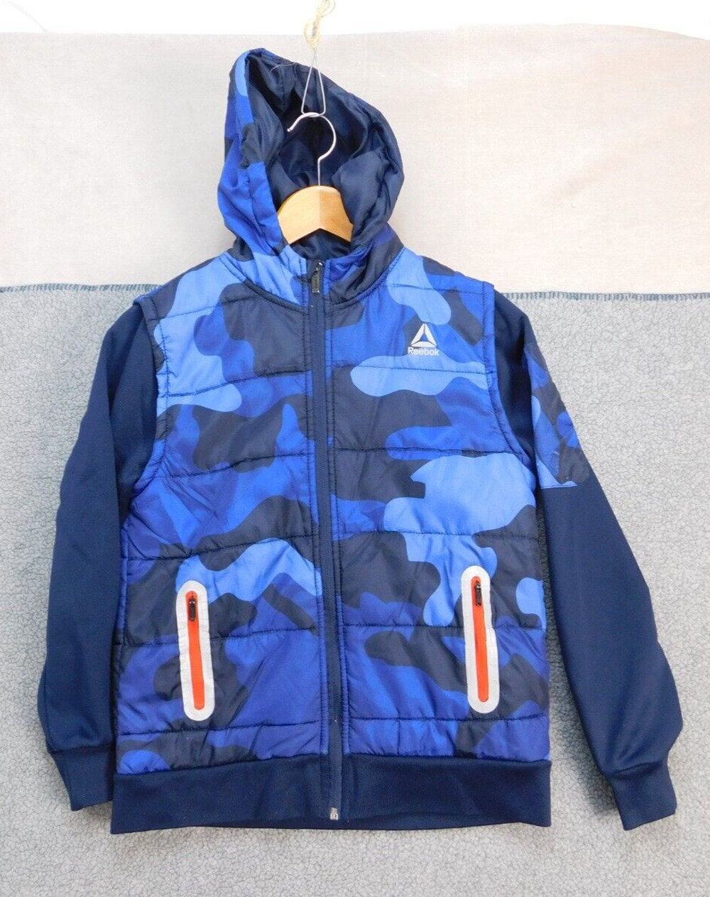 REEBOK Softshell Blue Camo Brushed Fleece Lined Jacket Size L Boys
